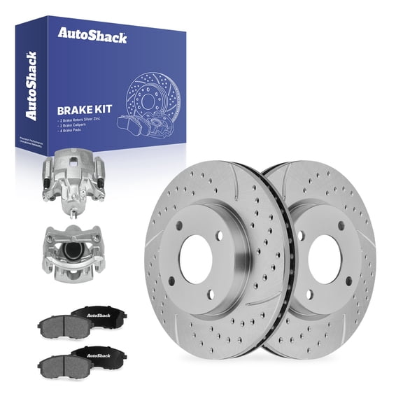 AutoShack Front Brake Rotors, Premium Pads & Calipers for Nissan, Sentra 2011-2012, FWD L4 2.0L - Silver Zinc Coated Drilled & Slotted - SilverShield Pro - 11.02" (279.8 mm), 4-Lug