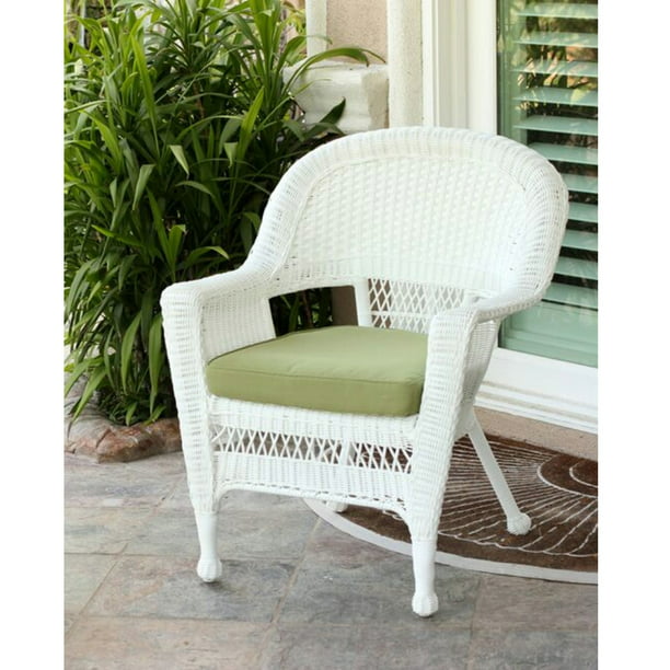 36" White Resin Wicker Outdoor Patio Garden Chair with Green Cushion