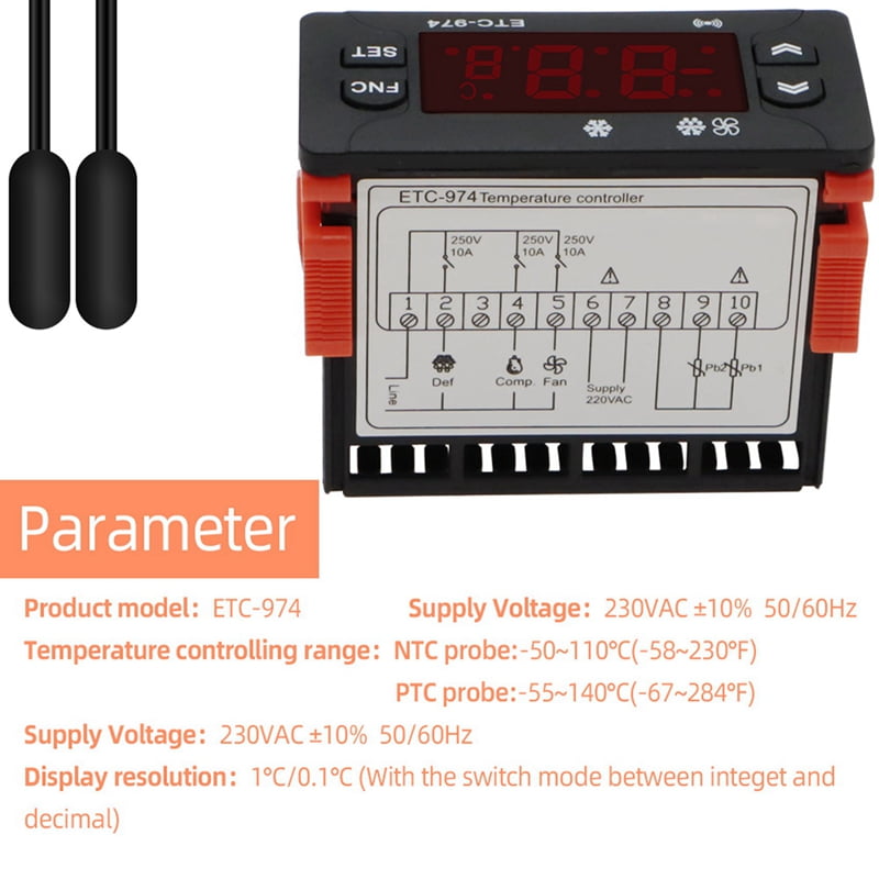 2X ETC-974 Digital Temperature Controller Microcomputer Thermostats Thermostat Refrigeration Alarm 220V Sensor