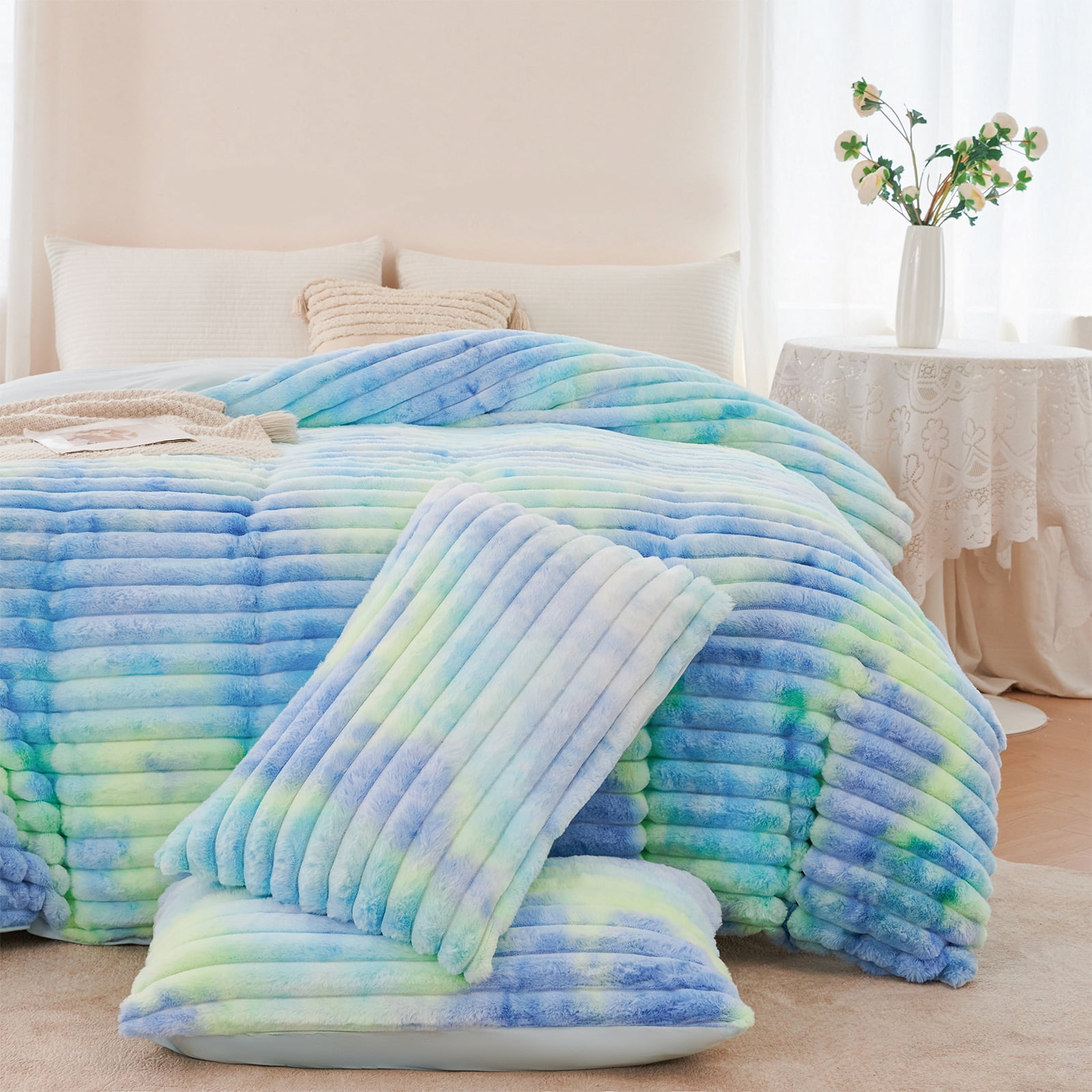 ZRNBAST Fluffy Queen Comforter Set, Tie-dye Blue Green Plush Fleece Bedding, Super Soft Faux Fur Bed Set, Soft Warm Comforter All Season with 2 Pillowcases(Blue Green,Queen)