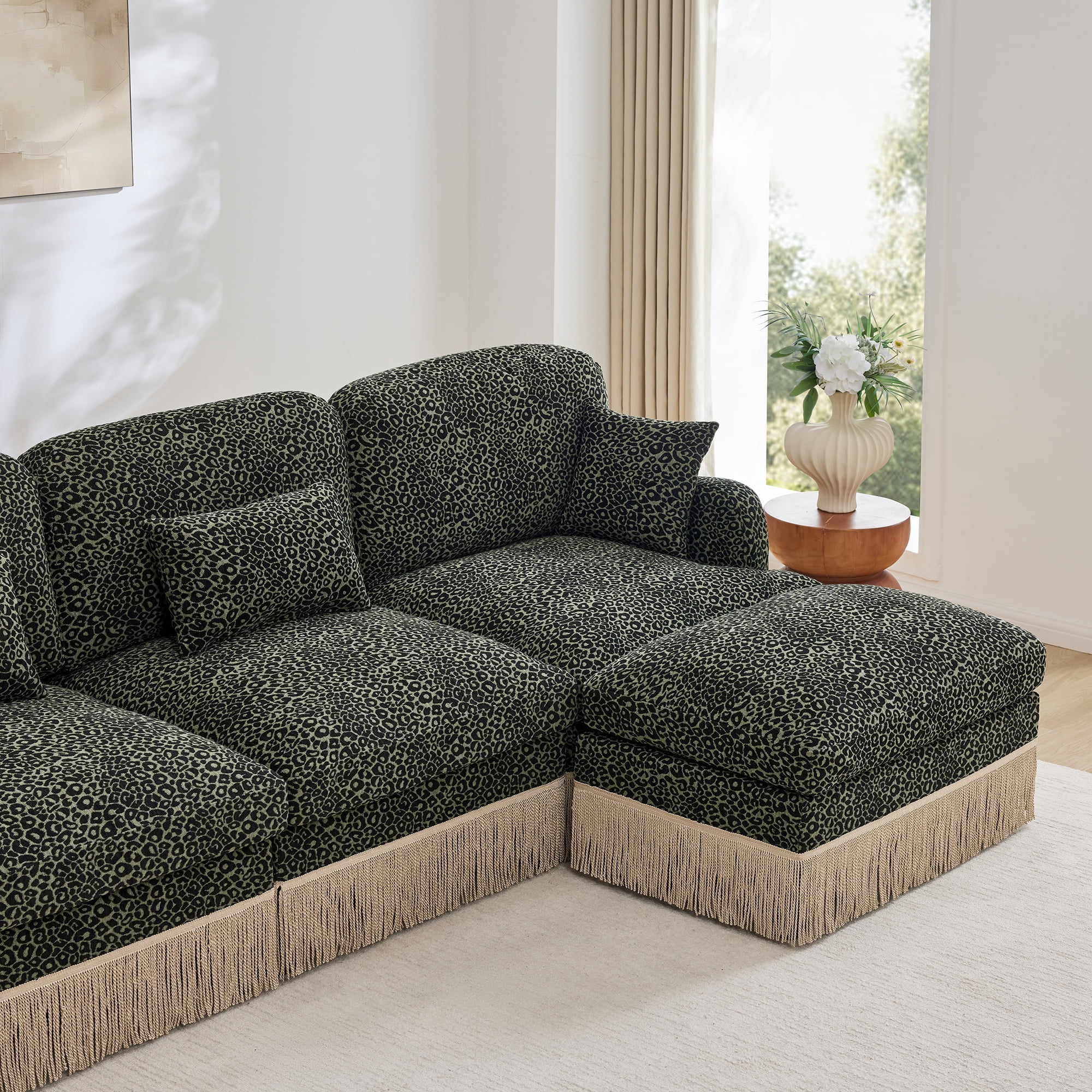 100" Chenille Leopard Tassel Deep Seat U Shape 3 Seater Modular Sofa Couch with 5 Throw Pillows and 2 Ottoman