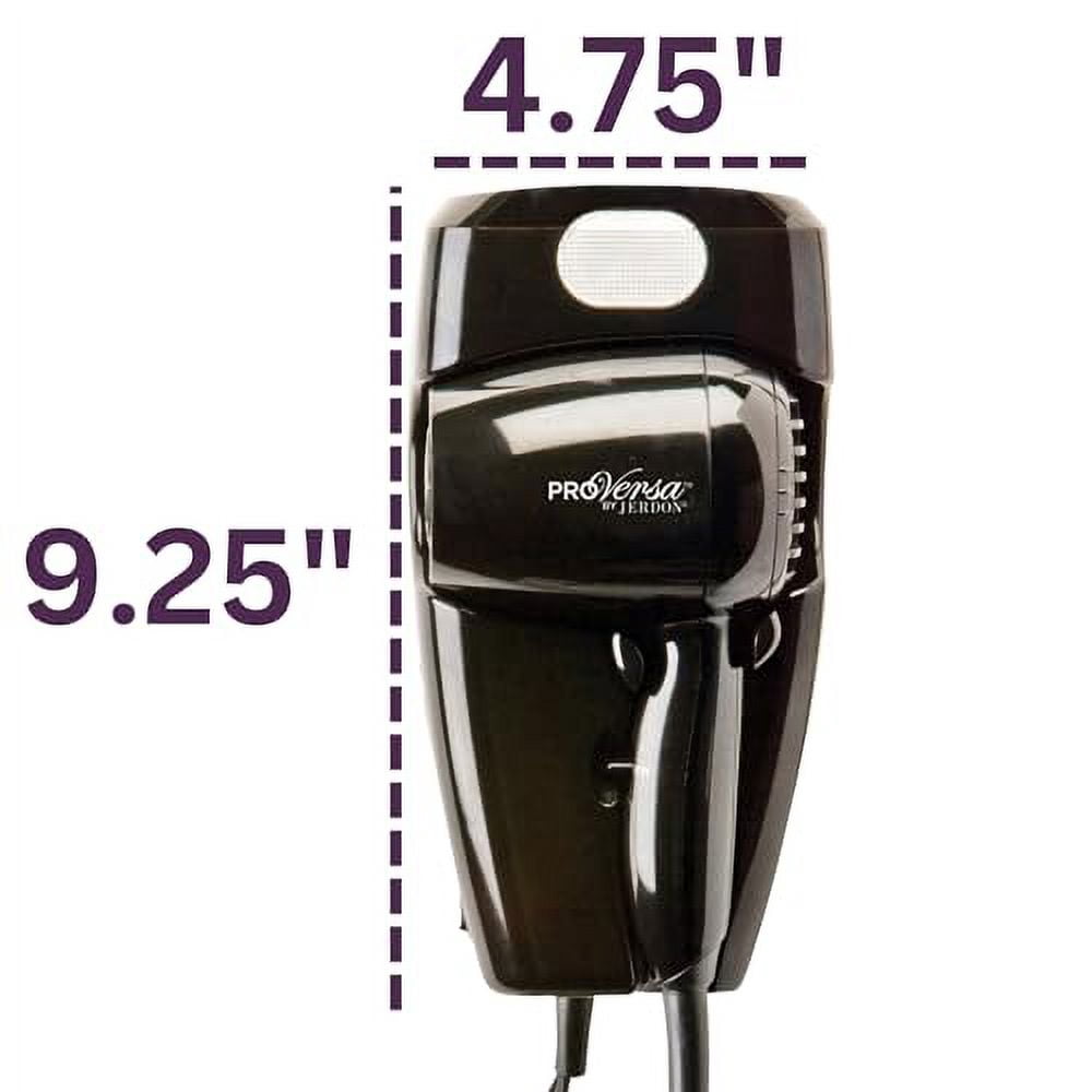 Jerdon 1600W Wall Mount Hair Dryer, 2 Speeds, 2 Heat Settings, LED Night Light, Black, Direct Wire-Model JWM8CBD