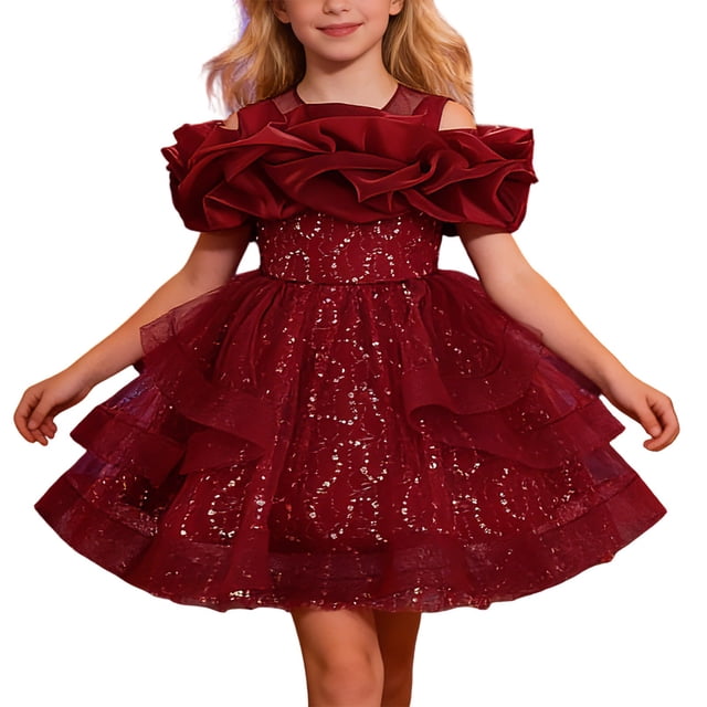 Rhuody Robes de Printemps pour Filles Sans Manches à Col Rond Robe d'Été Robe de Fête Robe Bouffante pour Concours Performance Récital Tenue Tendance Rouge 12-18 Mois