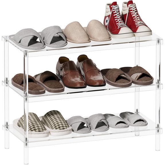 3-Tier Acrylic Shoe Rack - Modern Freestanding Shoe Storage Shelf for Entryway, Closet - 25.6'' L x 11.8'' W x 20.3'' H, Easy Assembly & Clean