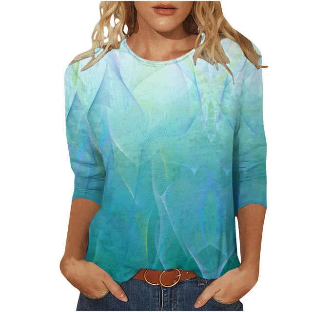 Birdeem T-Shirt Décontracté Imprimé Col Rond Manches 3/4 pour Femmes Haut Ample