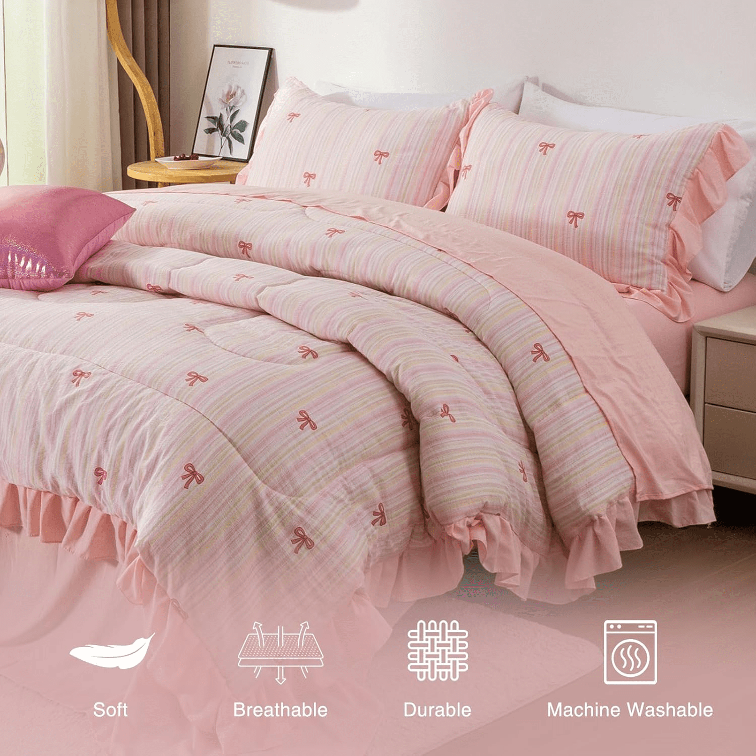 Btargot 6 Piece Rainbow Stripe Bows Comforter Set Twin Ruffle Princess Girl Bedding Set Bed in a Bag