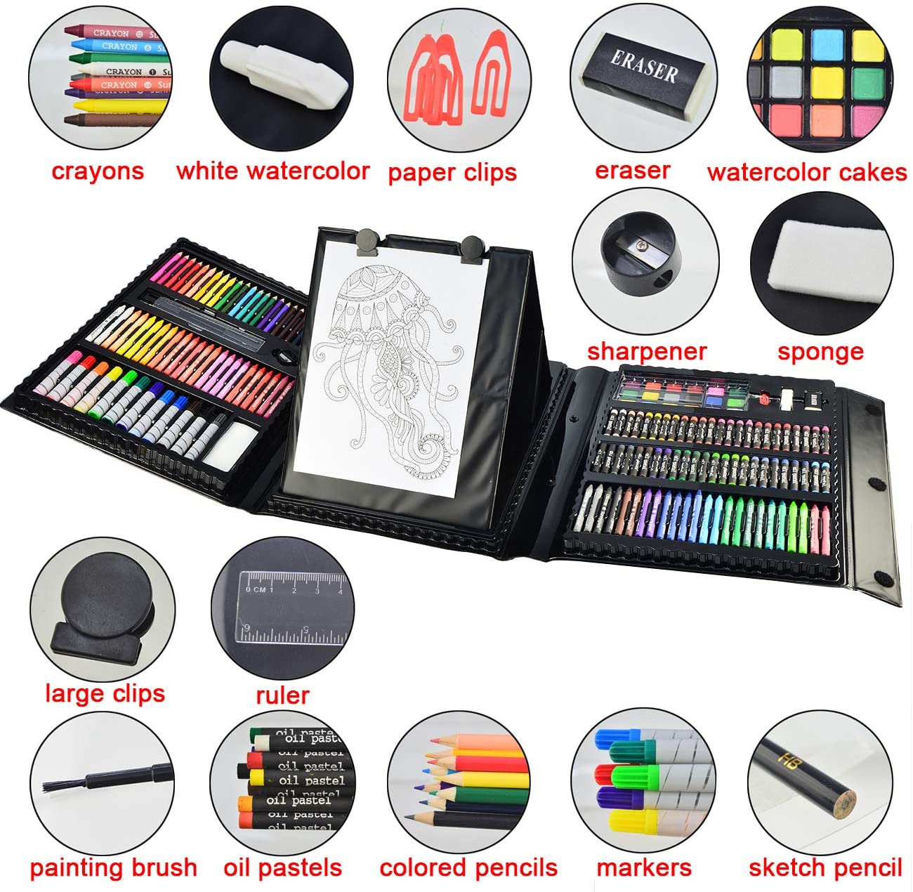 185 Pieces Double Sided Trifold Easel Art Set, Drawing Box with Oil Pastels, Crayons, Colored Pencils, Markers, Paint Brush, Watercolor Cakes, Sketch Pad