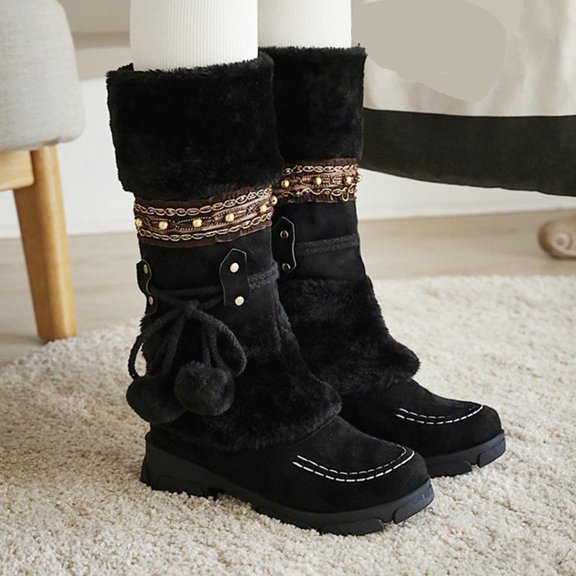 Women Boots Slip-on Snow Boots Velvet Cotton Boots Warm Solid Cotton Shoes Plush Ball Ethnic Knight Boots Women's Snow Boots Holiday Clearance