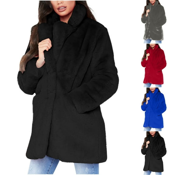 Olyvenn Women's Faux Fur Coat Fuzzy Warm Winter Collared Long Fur Jackets Cardigan Outerwear with Pockets Overcoat Black S