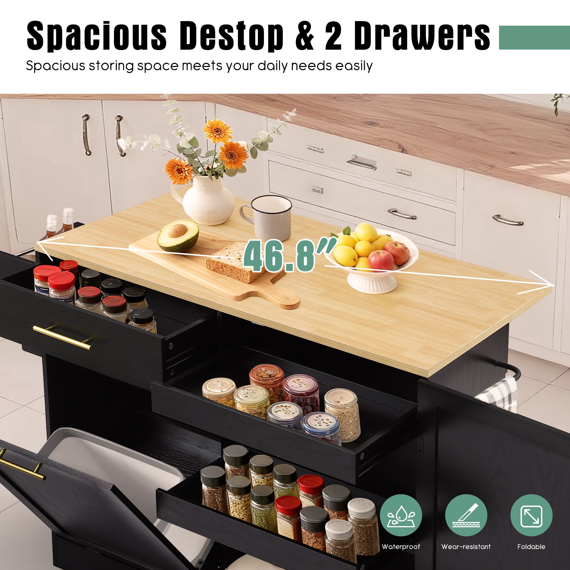 Haverchair 39.7" Kitchen Island with Drop Leaf and Storage Cabinet, Mobile Kitchen Rolling Bar Cart with Trash Can Cabinet and Drawer, Modern Island Table for Kitchen with Spice Rack and Towel Rack