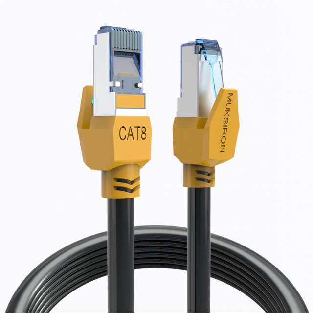 Ethernet Cable 100 ft by MUKSIRON, a Cat 8 high-speed network cable supporting up to 40Gbps and 2000MHz bandwidth. The black cable features shielded RJ45 connectors with yellow housings, labeled 'CAT8' and 'MUKSIRON,' designed for indoor and outdoor use. Made with 26AWG OFC wire and a UV-resistant PVC sheath, it is weatherproof and suitable for heavy-duty applications. Ideal for routers, gaming consoles, smart TVs, and other RJ45-compatible devices.
