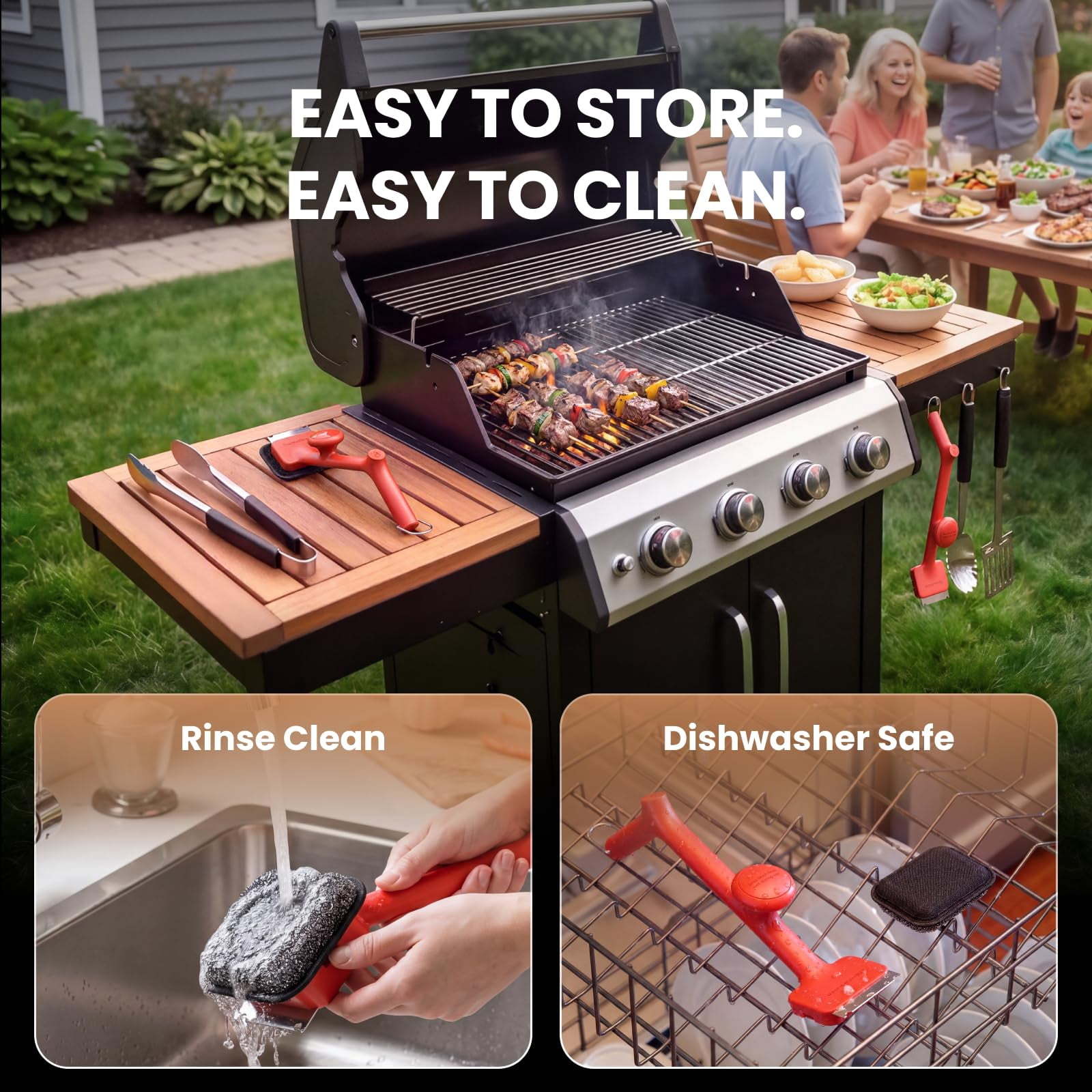 Bristle-free BBQ Grill Brush - 17" Cool-touch Handle, Scraper & 3 Replaceable Heads for Gas Charcoal Cast Iron