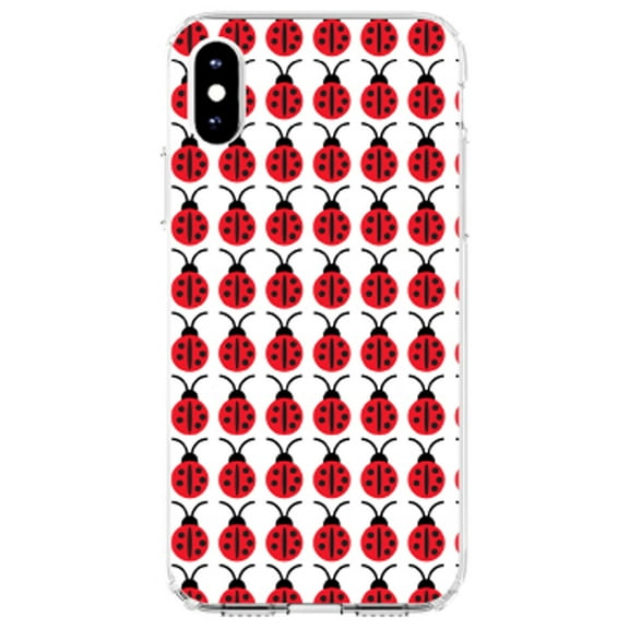 DistinctInk Clear Shockproof Hybrid Case for iPhone XS Max (6.5" Screen) - TPU Bumper, Acrylic Back, Tempered Glass Screen Protector - Red White Black Lady Bugs