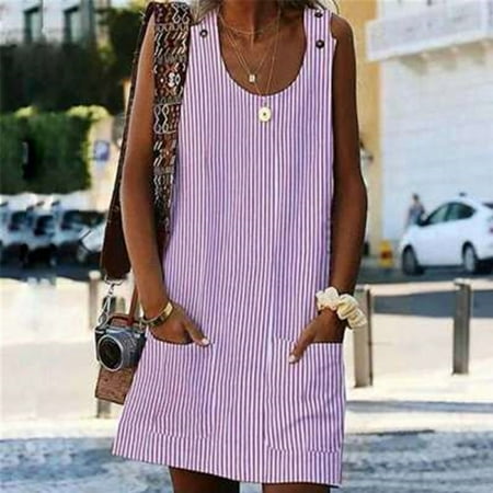 Bramtres Sundresses for Women 2024 Midi Dresses Women s Wing Sleeve Round Neck Pocket Button Striped Camisole Dress Beach Dress Going Out Dresses Summer Dress Pink Dress S