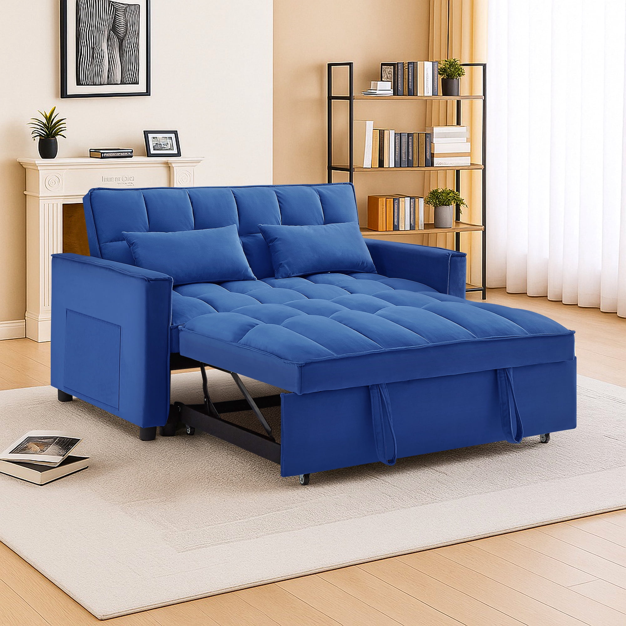 Hommoo Versatile Velvet Loveseats Reversible Pull Out Futon Couch,3 in 1 Sleeper Sofa Bed for Living Room, Blue