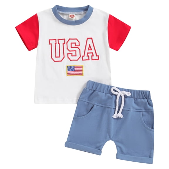 Karoyedx Summer Outfits for Toddler Boys Baby Boy 4th of July Outfit USA Letter Print Short Sleeve T-Shirt Stripe Star Shorts Set Patriotic Summer Clothes White Size,12-18 Months