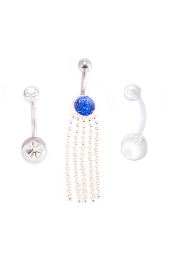 Belly Button Ring Package of 3 Navel Ring. Two with CZ Gems and a Retainer. 14G