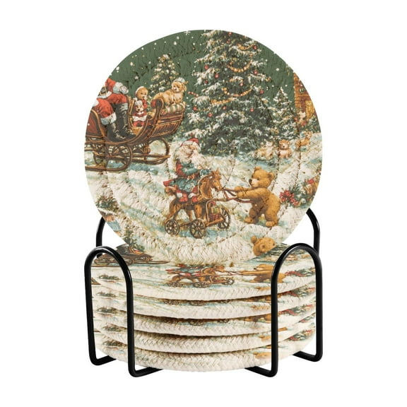 Vintage Christmas Pictures Drink Coasters with Holder Absorbent Coaster for Coffee Table Room Decor 6 Pack