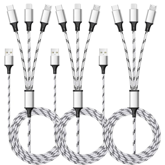 Multi Charging Cable, 4ft 3Pack Multi Charger Cable Nylon Braided Multiple USB Universal 3 in 1 Charging Cord Adapter with Type-C, Micro USB Port Connectors for Cell Phones and More