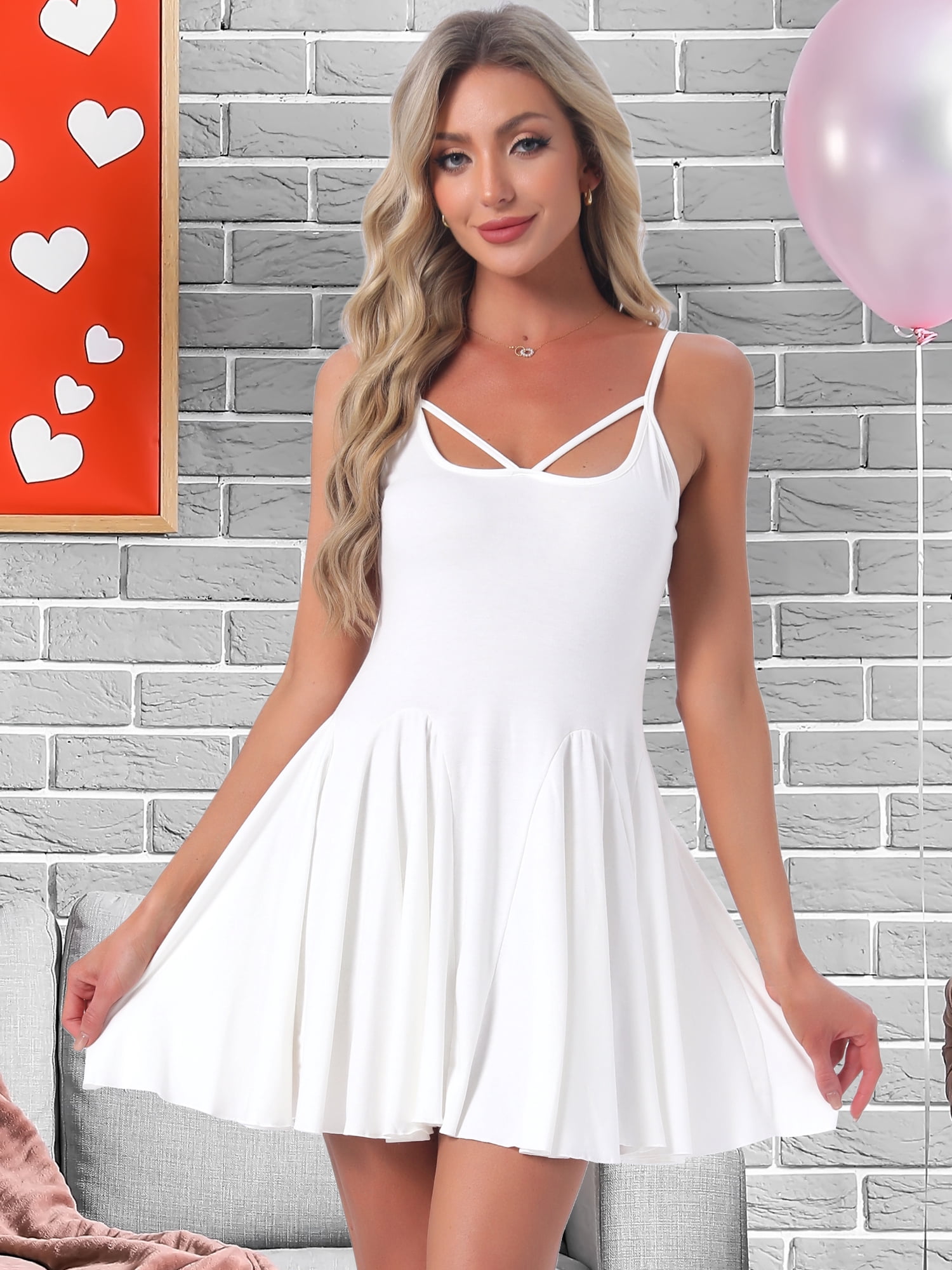 DARING DIVA Women's Nightgown Ruffle Spaghetti Strap Babydoll Chemise Dress M White