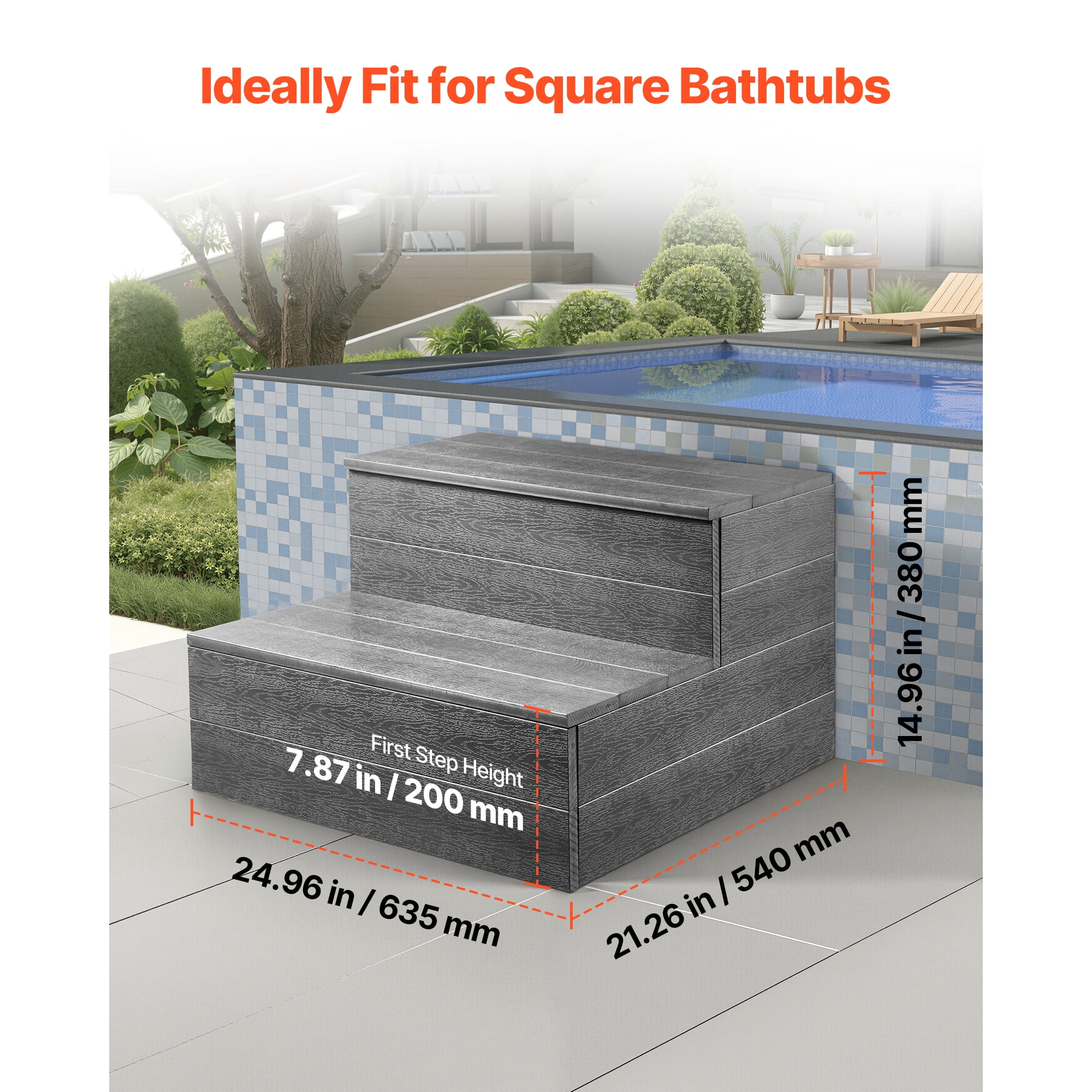 KFFKFF Durable 2-Step Hot Tub Stairs, 25-Inch Wide HIPS Outdoor Steps with 600 lbs Capacity, Suitable for Above-Ground Pools, Inflatable Spas, Patios, Decks, and Campers, Graphite Gray