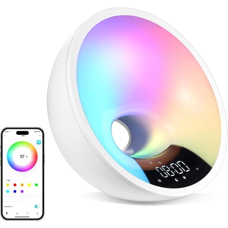 HOM Smart Sunrise Alarm Clock with Wake-Up Light & FM Radio - Digital Clock and Lamp with 7 Natural Sounds and 7 Light Colors - Easy Control via Alexa and Google Home