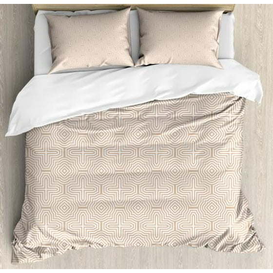 Tan And White Queen Size Duvet Cover Set Abstract Maze Like Pattern Tan And White Queen Size Duvet Cover Set Abstract Maze Like Pattern With Ornamental Curved Lines Rhombuses Decorative 3 Piece Bedding 2