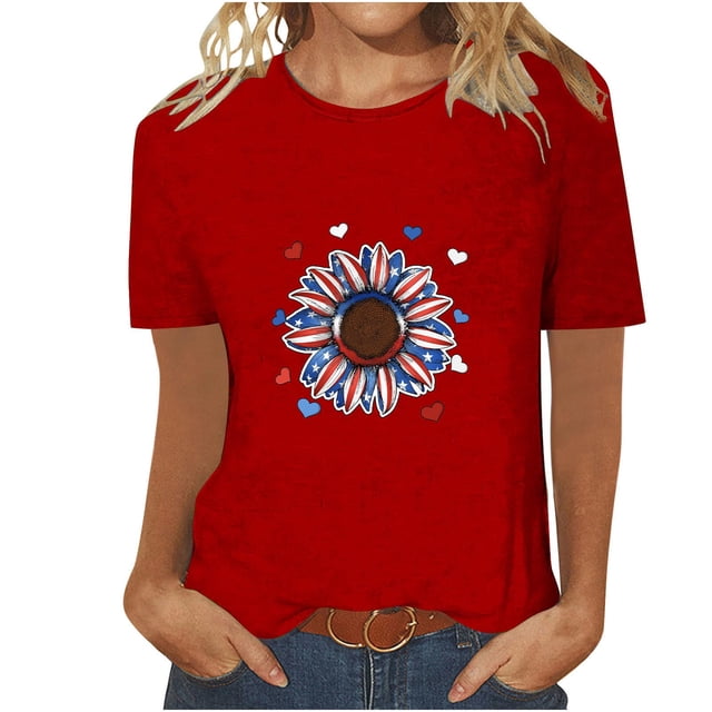 Tops Cortos para Mujeres Día de la Independencia Patriótica Impreso Cuello Redondo, Camiseta de Manga Corta Casual para la Primavera, Verano Y Fiesta