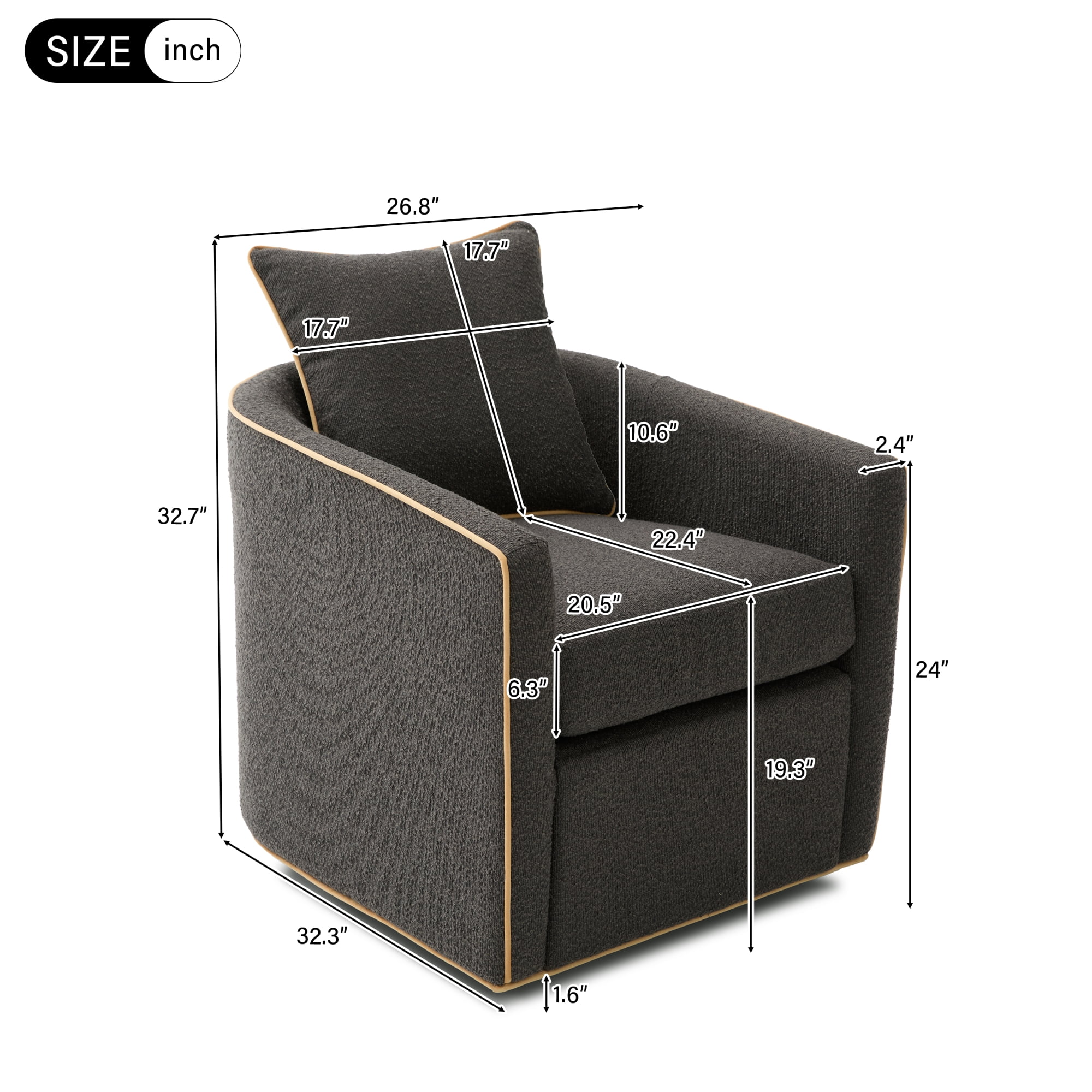 Leumius Swivel Accent Chair, Upholstered Club Chair Barrel Sofa Chair for Living Room, Reading Corner and Small Spaces, Dark Grey