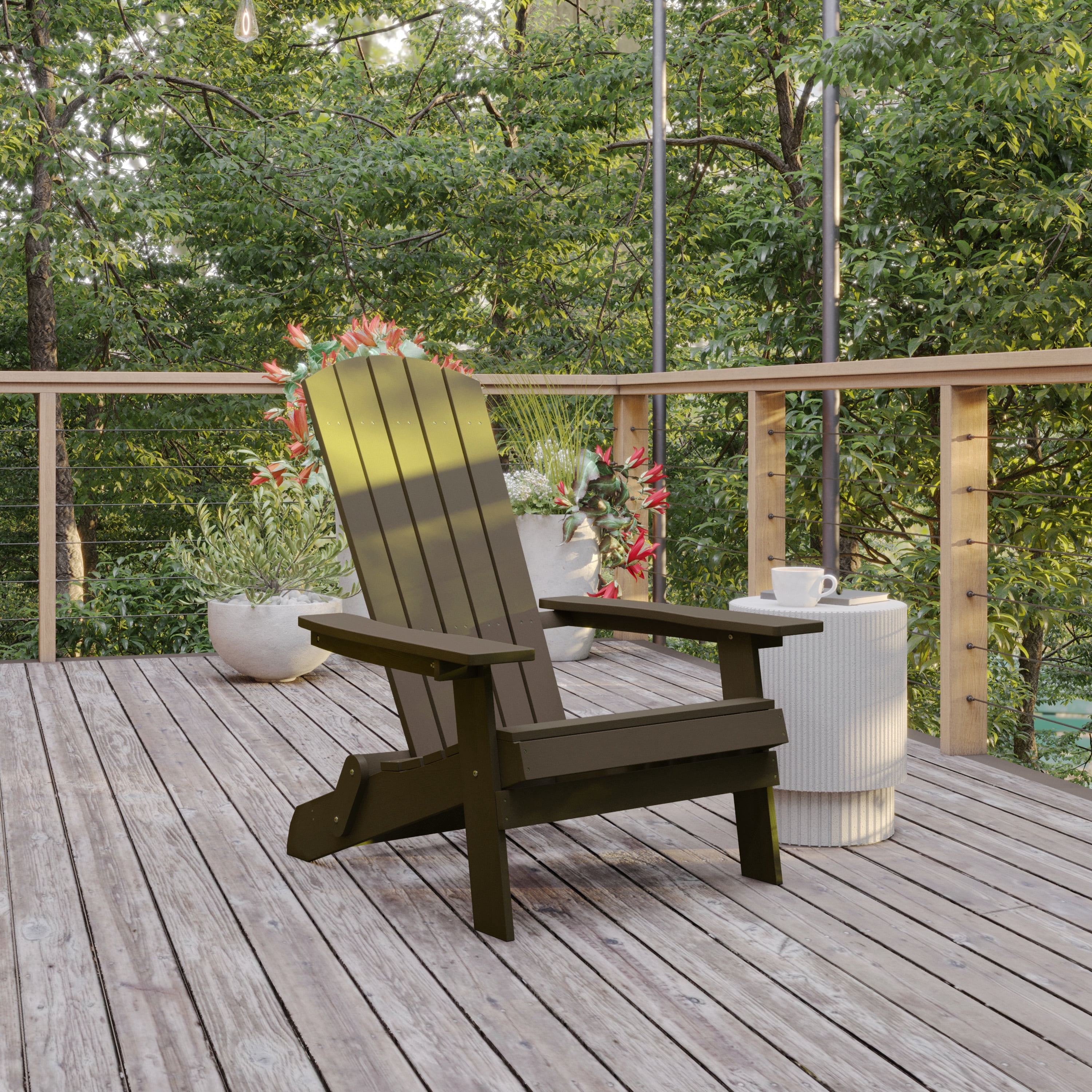 Flash Furniture Charlestown Folding Adirondack Chair - Mahogany - Poly Resin - Indoor/Outdoor - Weather Resistant - Set of 4