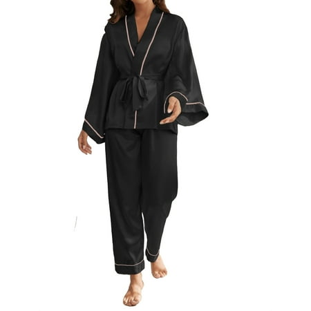 

2pcs Set Elegant PJ Pant Sets Long Sleeve Black Women s Pajama Sets (Women s)