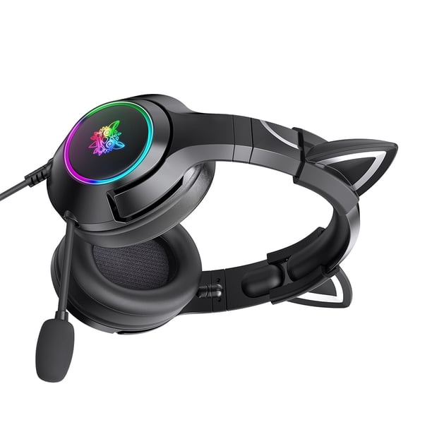 Sidaley Nuevo producto orejas de gato rosa linda chica auriculares para juegos con micrófono ENC reducción de ruido HiFi 7.1 canales RGB auriculares Cables de audio/vídeo Negro 3.5 mm
