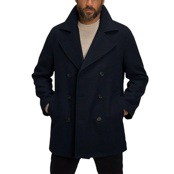 Xzbqbs Mens Classic Pea Coat Notched Collar Double Breasted Slim Fit Winter Warm Lightweight Solid Trench Coats Fashion Clothes