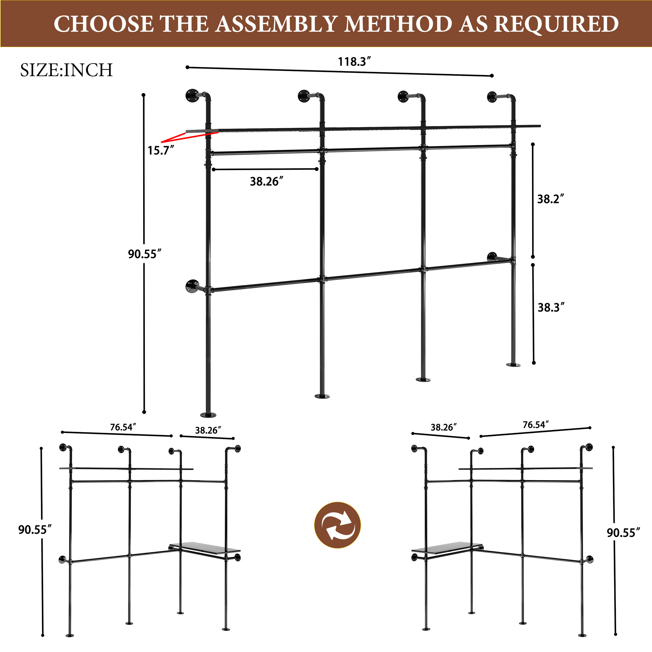Aukfa 118" Industrial Pipe Clothing Rack with Lights, Shelves, Walk-in Closet System, Wardrobe Rack