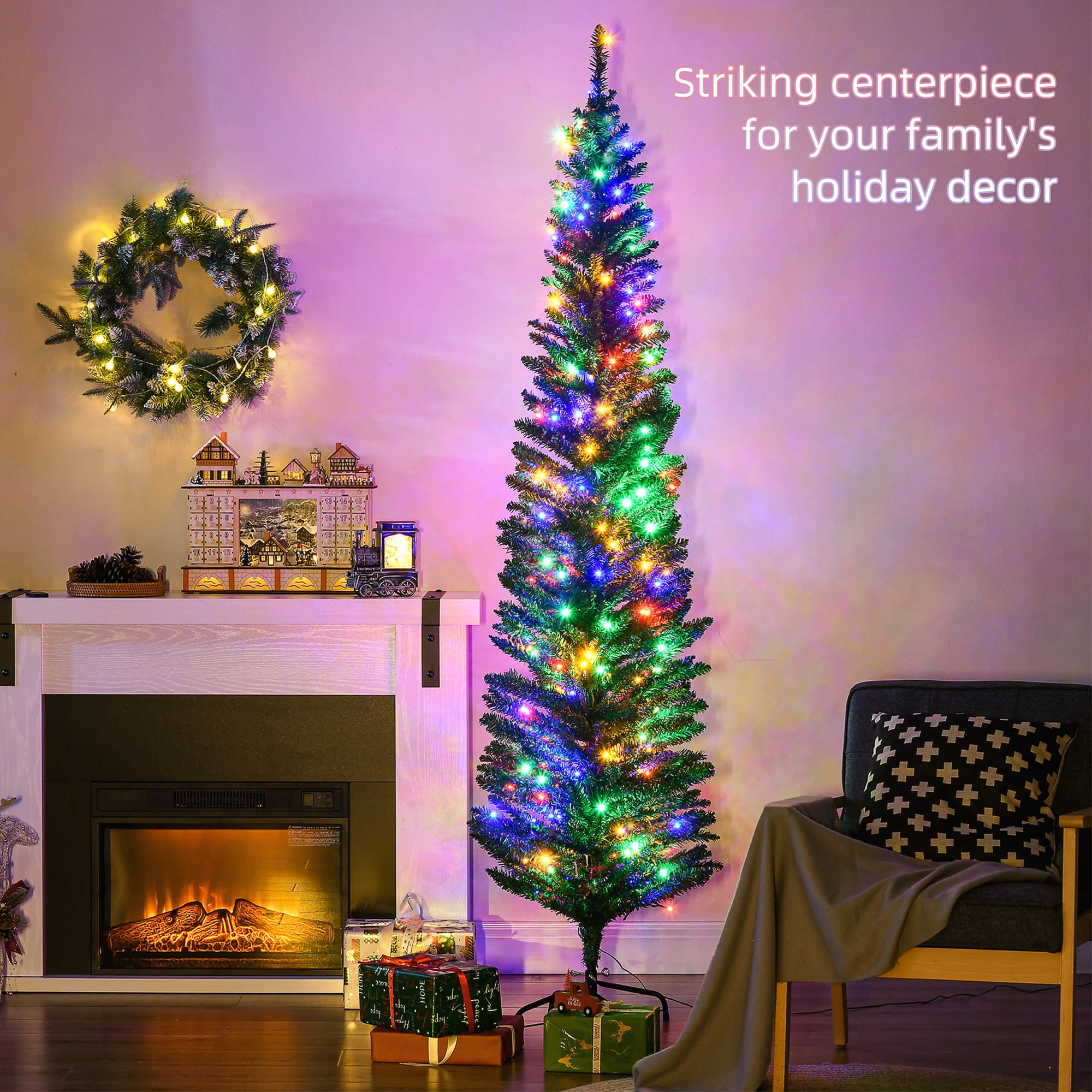 Astoutdoor 7 ft Prelit Christmas Tree with Multi-Colored LED Lights, Green PVC and Steel, Indoor Use