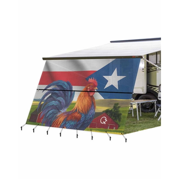 4th of July RV Awning Sun Shade Screen 9'X15.3' Puerto Rico Flag Mesh Sunscreen Farm Barn Animal Rooster Awning Shade Screen with Zipper UV Blocker Completed Kits for RV Motorhome Camper Trailer