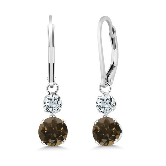 Gem Stone King 925 Sterling Silver Brown Smoky Quartz and White Topaz Drop Dangle Earrings for Women (2.26 Cttw, Gemstone Birthstone, Round 6MM and 4MM)