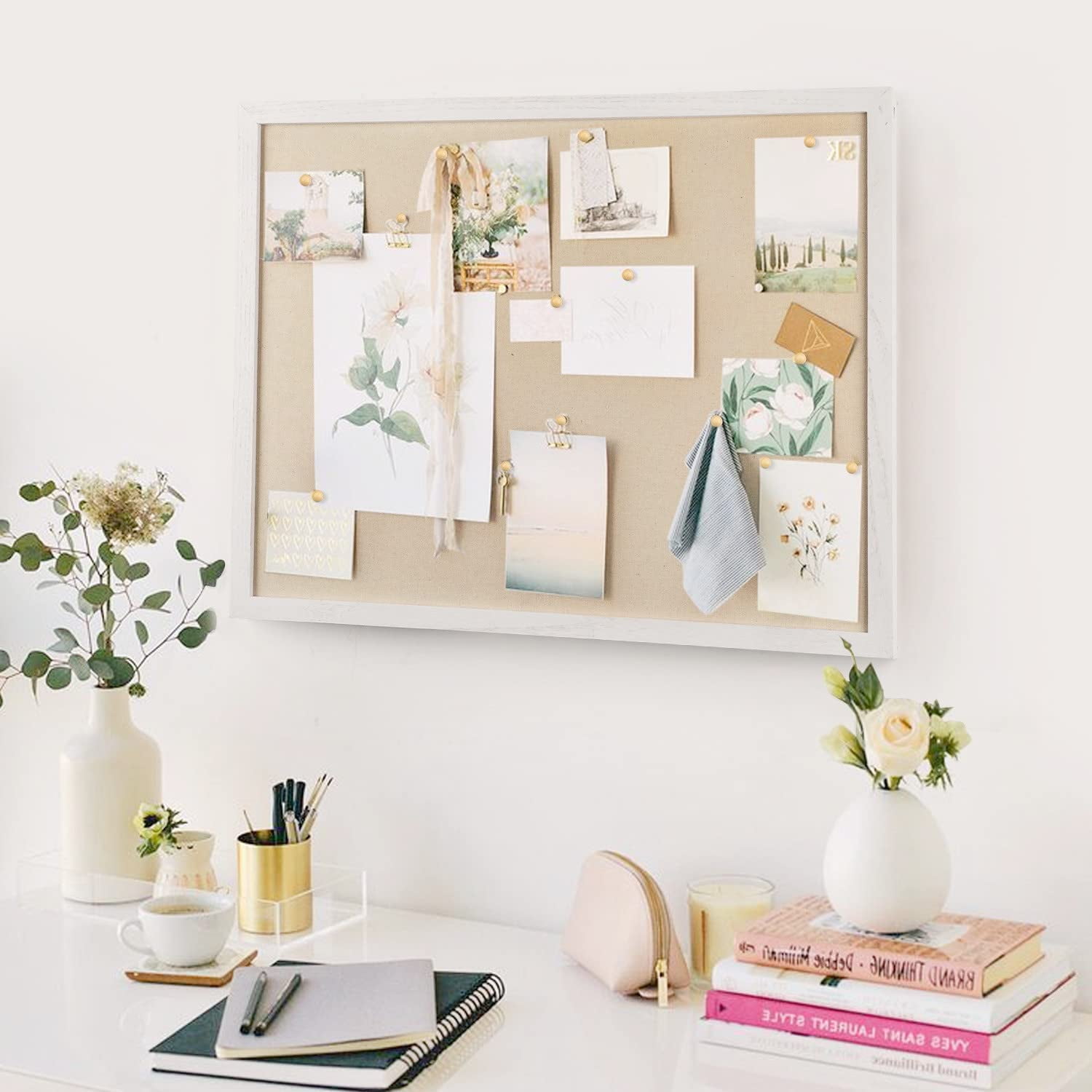 Sfugno Large Bulletin Board 23x18 inch with Linen Wood Boards Wall Decor Hanging Pin Wood Framed Display Bulletin Cork Photo Picture Board Light for Room School Office,White