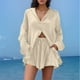 thumbnail image 3 of Conjunto de camisa de manga larga lisa y pantalones cortos para mujer: ropa informal de playa, cintura elástica, tallas S-XXL, contorno de pecho 130-146 cm, 3 of 5