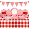 Gingham Red and White Party Supplies Disposable Paper Plates Napkins Cups Knives Spoons Forks Tablecloth Banner for Birthday Party Family Dinner Picnic Barbecue Mother's Day Party, Serve 25