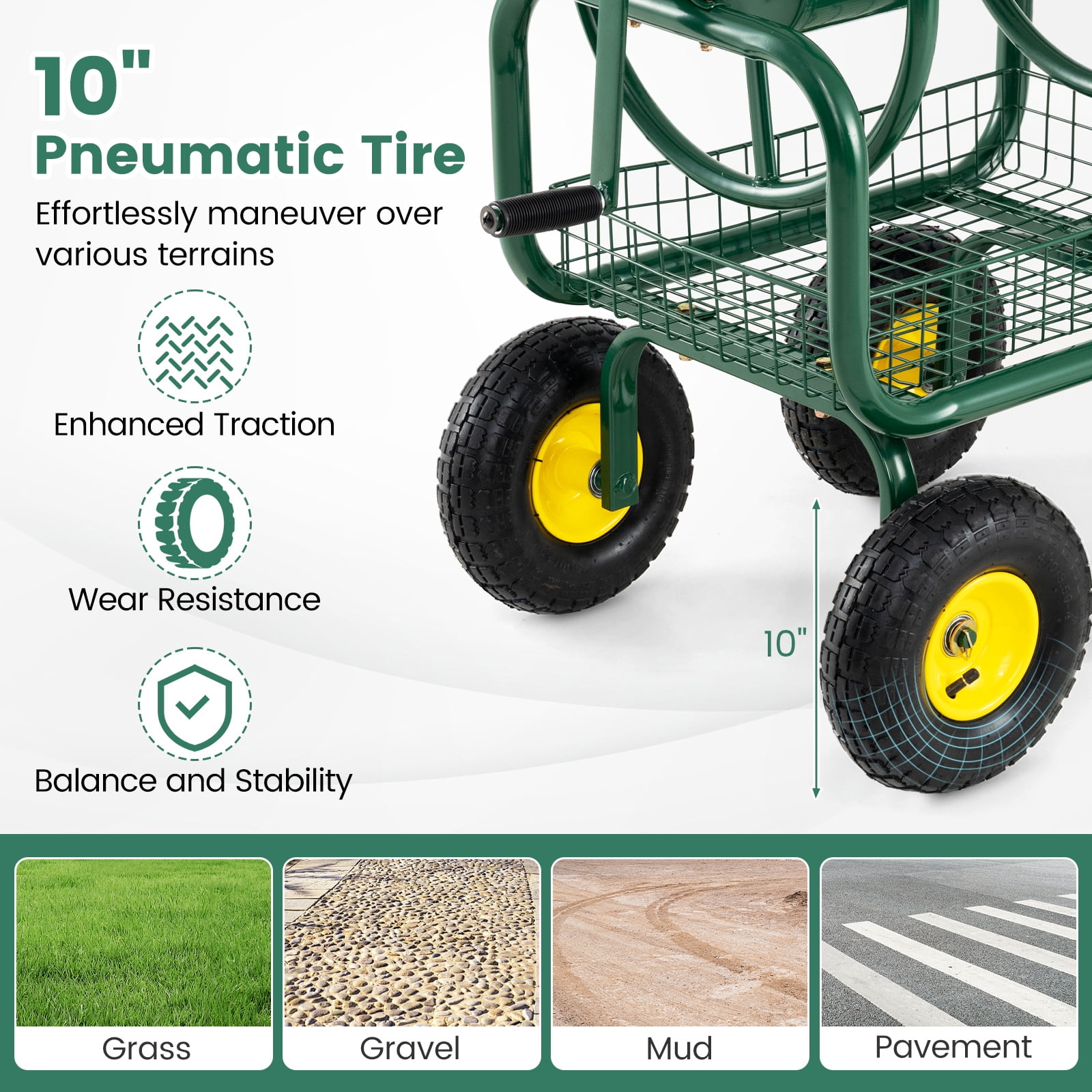 Costway Garden Hose Reel Cart with 4 Wheels, Storage Basket, 300 FT of 5/8” Large Capacity Green