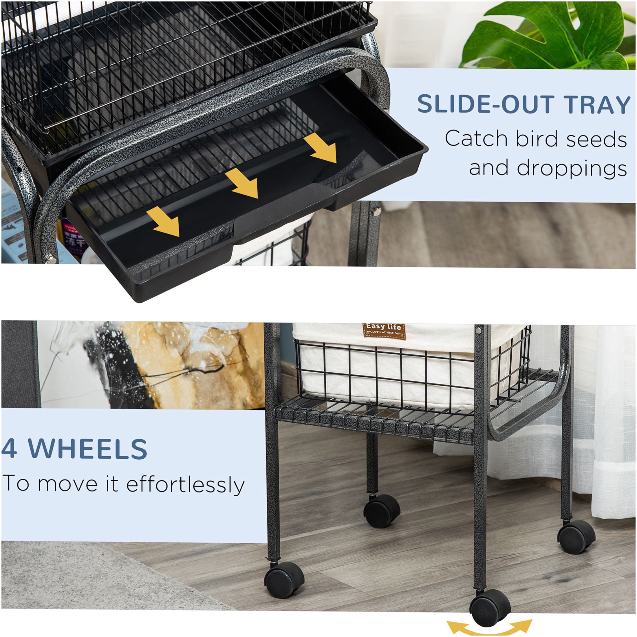 JERFIT 70'' Large Black Metal Bird Cage with Rolling Stand, Flight Parrot Cage Aviary for Parakeets Finches Cockatiels, Bird House with Feeder Doors & Slide-Out Tray