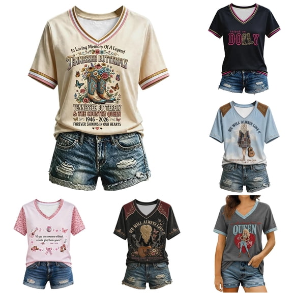 Women Vintage Dolly Shirt, Parton Memorial T-Shirt, Country Legend Tee, V Neck Tshirt Top Stylish Graphic Tees, Casual Loose Fit T Shirts,XXXXL
