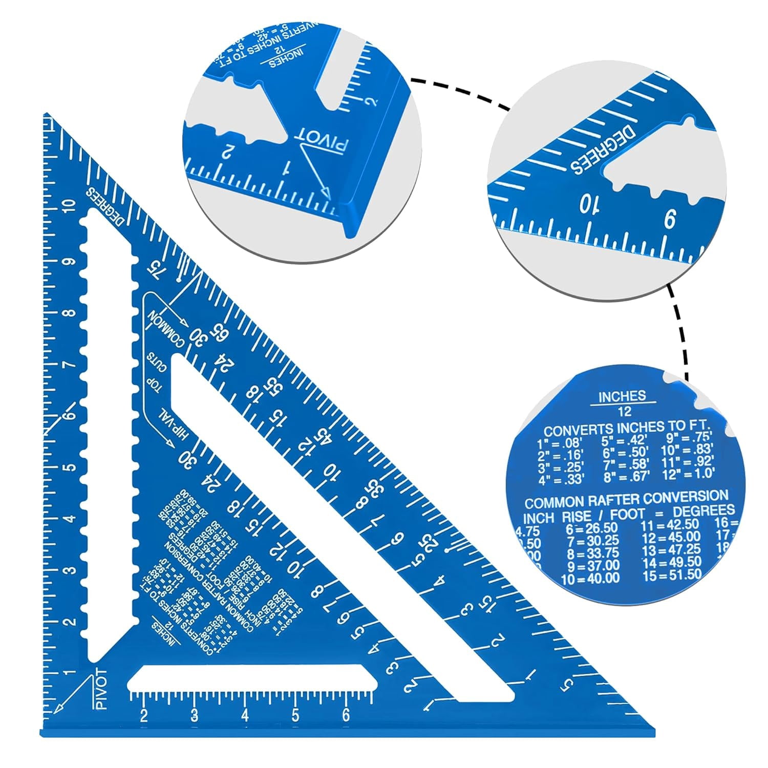 Aluminum 12 Inch Rafter Square Carpenter Measuring Layout Tool Alloy Metal Triangle Ruler Imperial Protractor for Woodworking and Carpentry