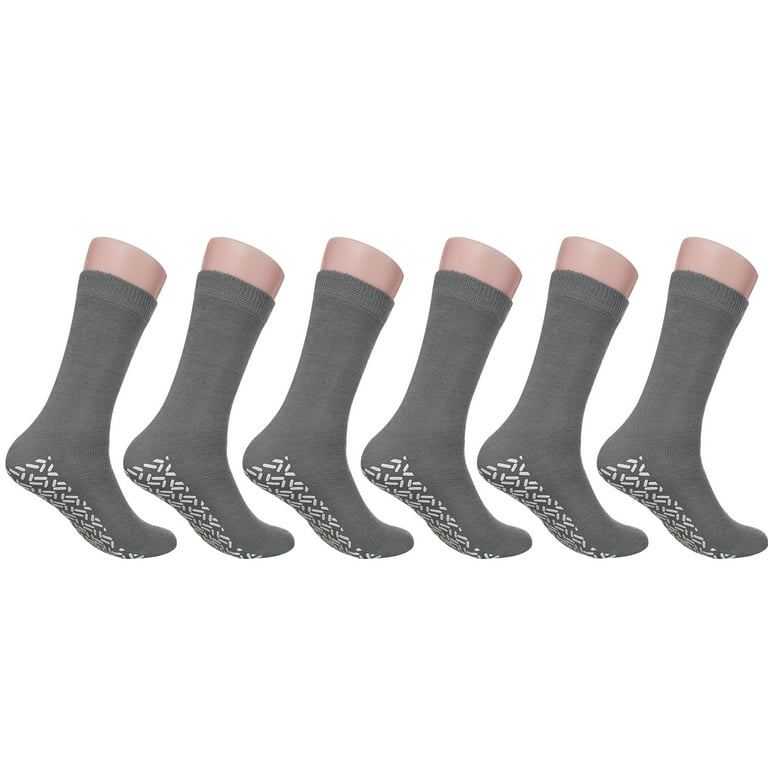 6 Pairs Grey Non Skid Hospital, Yoga, Pilates, Gripper Slipper Socks Men's  or Women Mid Calf Size XXL 