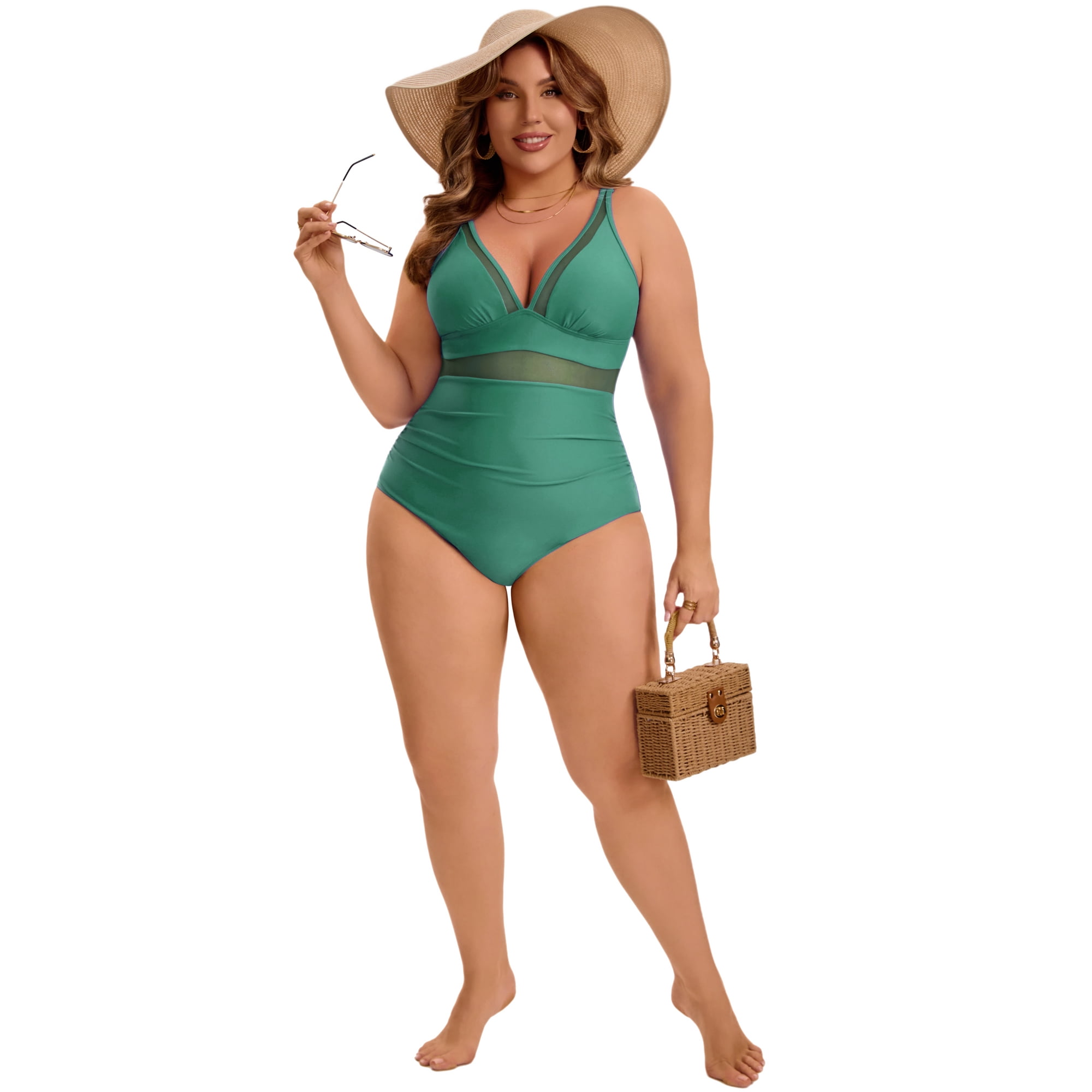 DARING DIVA Women's Plus Swimsuit Mesh V Neck Bathing Suit 4X Dark Green