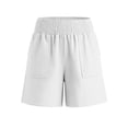 thumbnail image 3 of Shorts Casual de Mujer de Cintura Alta - Bermudas Rectas de Moda Elásticas con Cintura Fruncida y Bolsillos, Blanco, L, 3 of 6