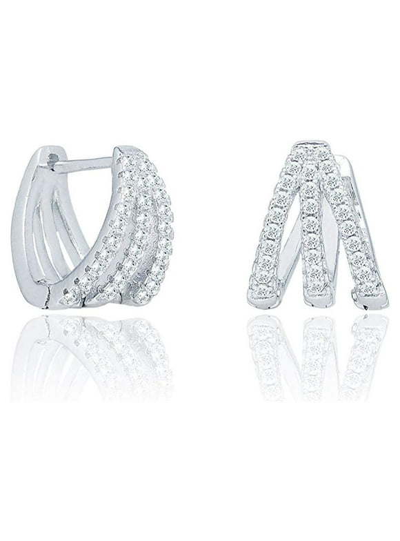 Cate & Chloe Aliyah 18k White Gold Plated Silver Hoop Earrings | Unique CZ Crystal Small Hoops for Women, Pave Earring Set