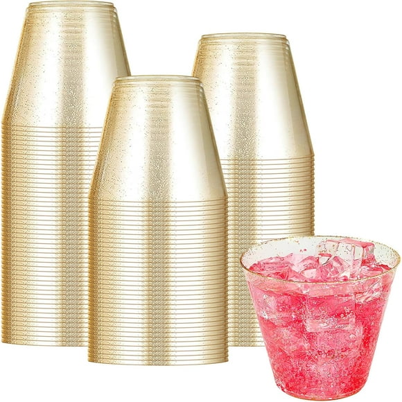 missunny-100 Pack Gold Glitter Plastic Cups, 9oz Clear Hard Plastic Cups, Disposable Cocktail Glasses for Birthday Party Wedding Thanksgiving