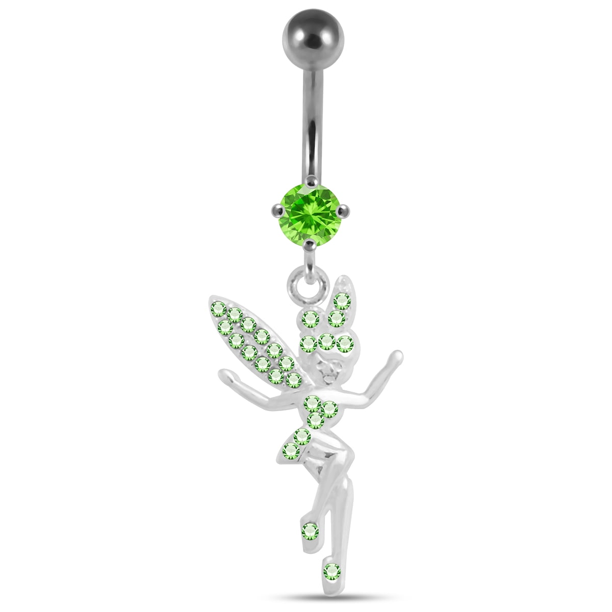 Silver Belly Rings CZ Gemstone Stylish Round with 2 Flower Dangling 925 Sterling Body Jewelry